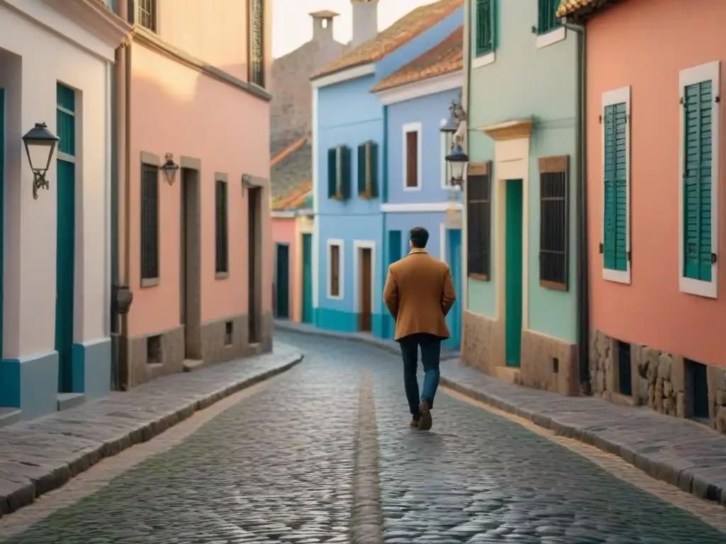 Fotografía de viaje en Uruguay: Calle empedrada de Colonia del Sacramento iluminada por el cálido atardecer