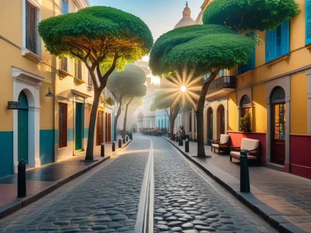 Un encantador atardecer en una calle empedrada de Montevideo con librerías y cafés, destacando la riqueza cultural de Uruguay