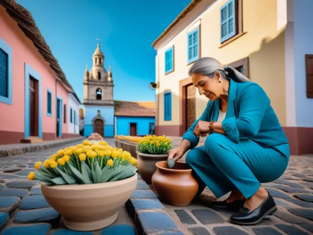 Encantador pueblo uruguayo: calles empedradas, edificios coloniales coloridos y artesano creando cerámica, con iglesia de fondo y cielo azul