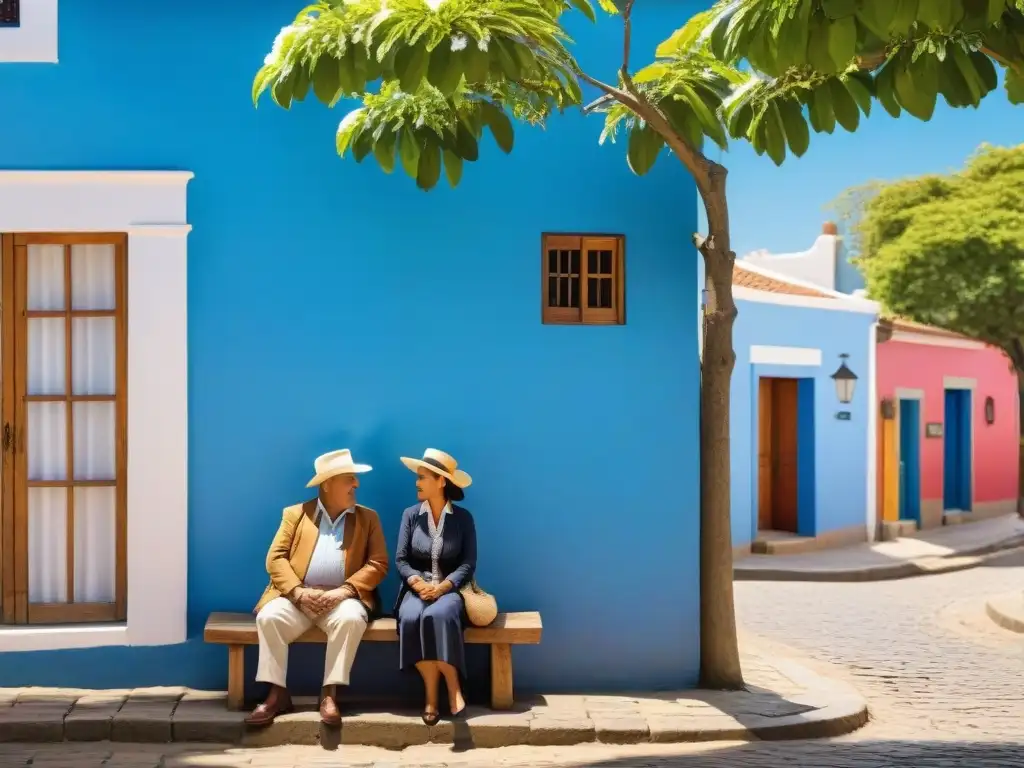 Encantador pueblo uruguayo capturando la esencia de la vida comunitaria, con artesanos locales y niños jugando en la plaza