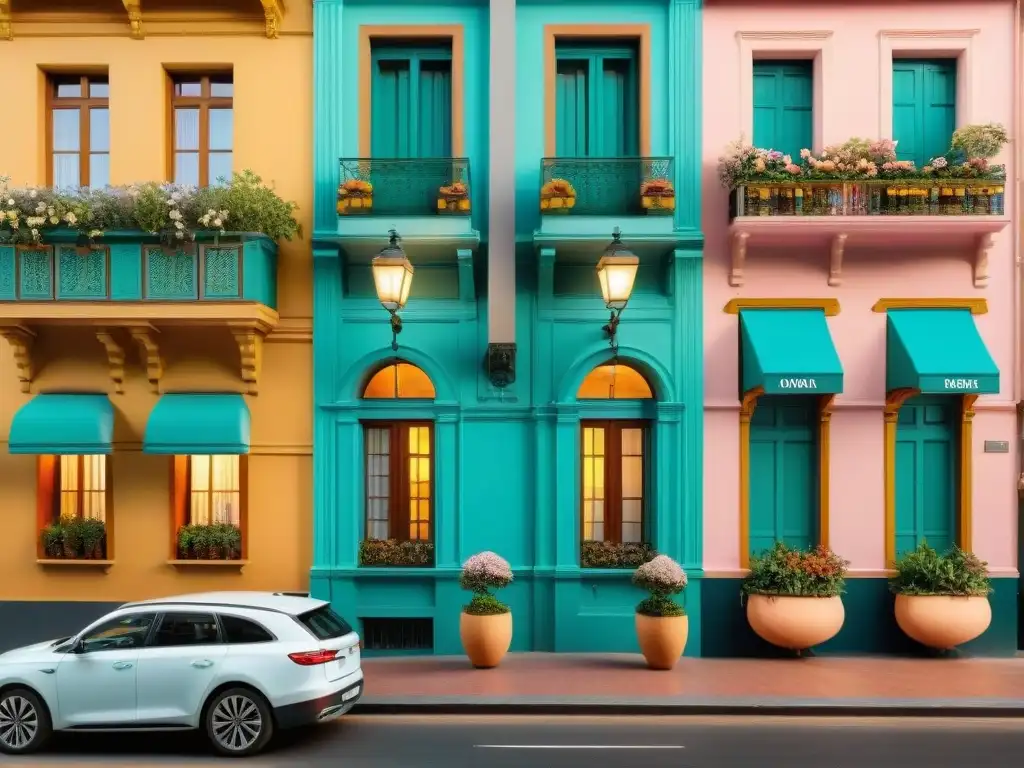 Encantadora fachada de hotel boutique en Montevideo con detalles arquitectónicos y plantas vibrantes