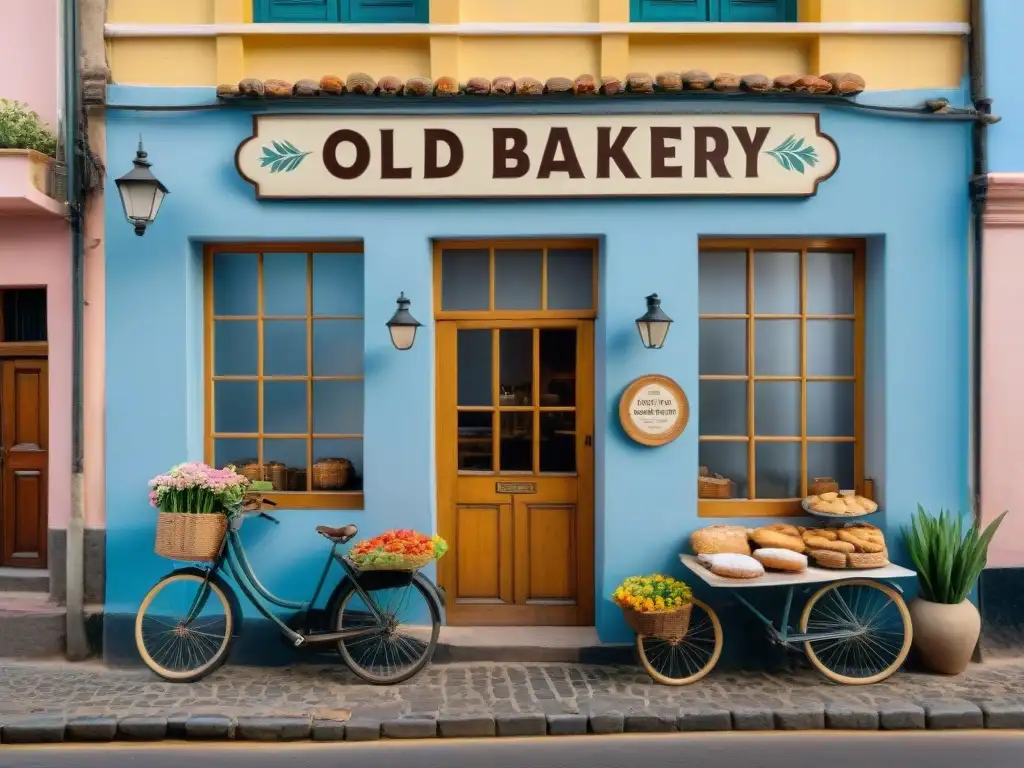 Encantadora panadería histórica en Uruguay con fachada tradicional, flores coloridas y bicicletas en la calle empedrada