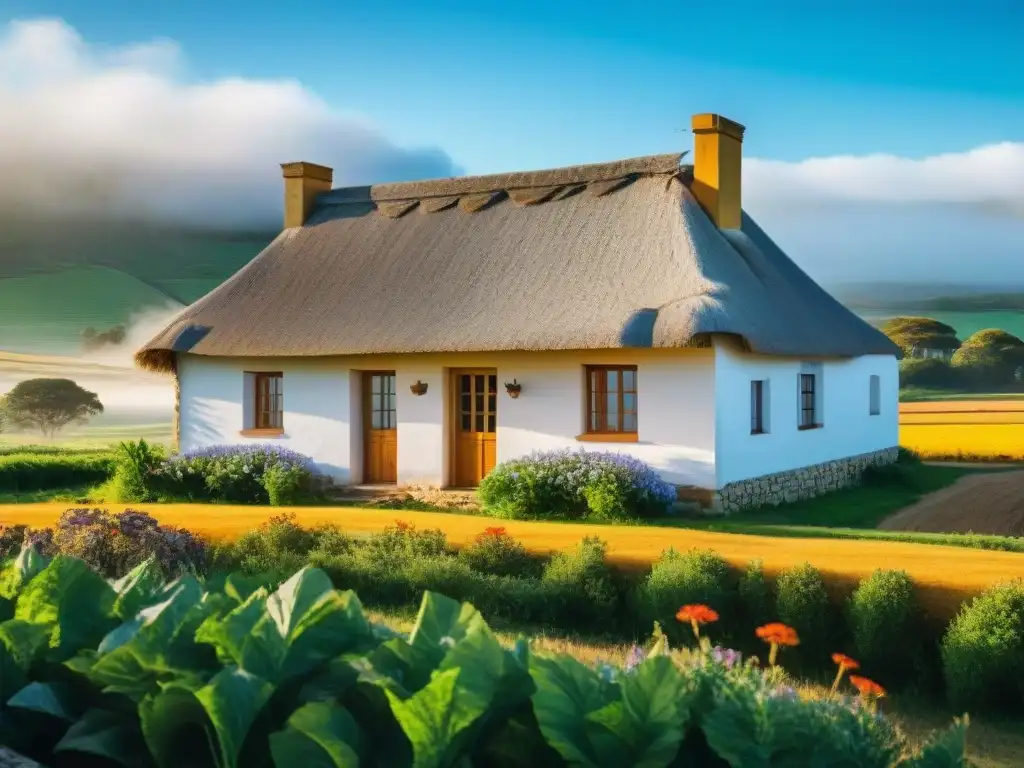 Encantadora posada rural en Uruguay con casa antigua de paja rodeada de campos verdes y flores silvestres bajo cielo azul claro