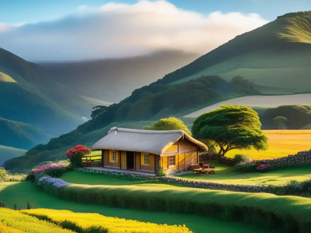 Encantadora cabaña rural uruguaya entre verdes colinas, decorada con flores coloridas al atardecer