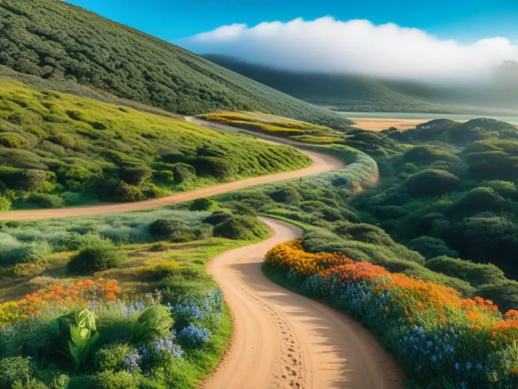 Una encantadora ruta de senderismo en Uruguay, con bosques verdes, flores silvestres y una familia feliz explorando juntos