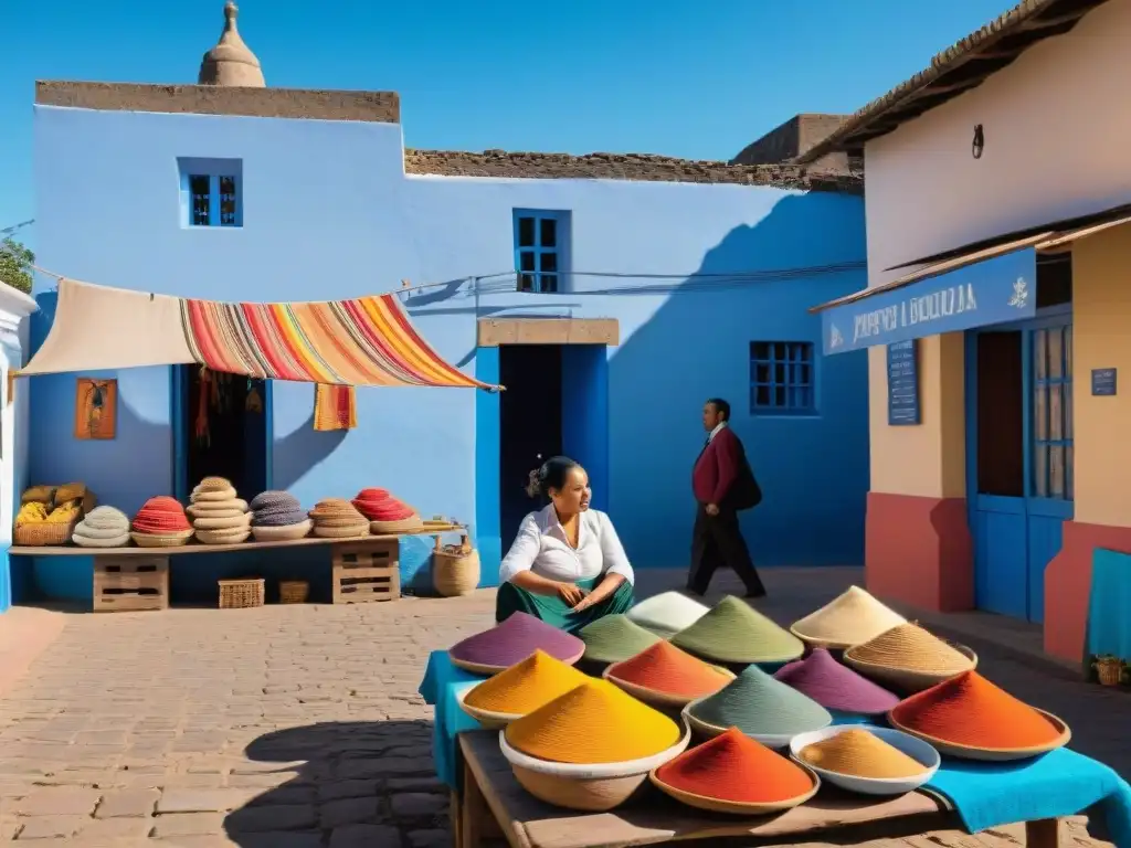 Encanto de pueblos Uruguayos: colorido mercado callejero con artesanías, música y gastronomía local bajo un cielo azul