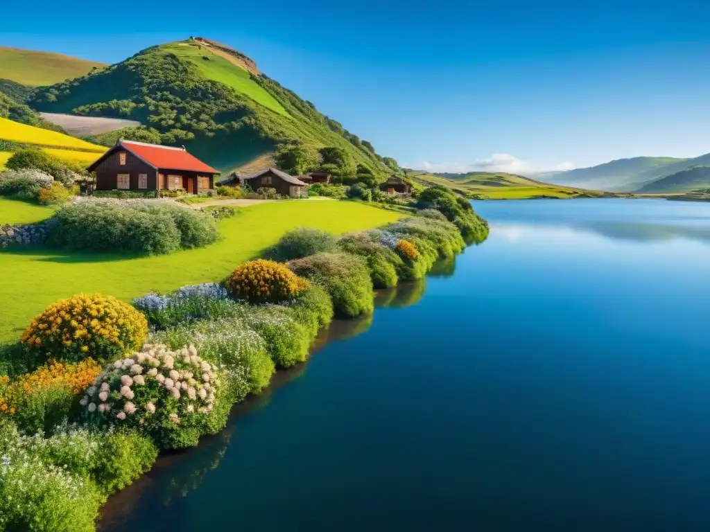 Encanto suizo en Nueva Helvecia: Paisaje sereno con colinas verdes, chalets suizos y flores vibrantes junto a un lago tranquilo y cielo azul