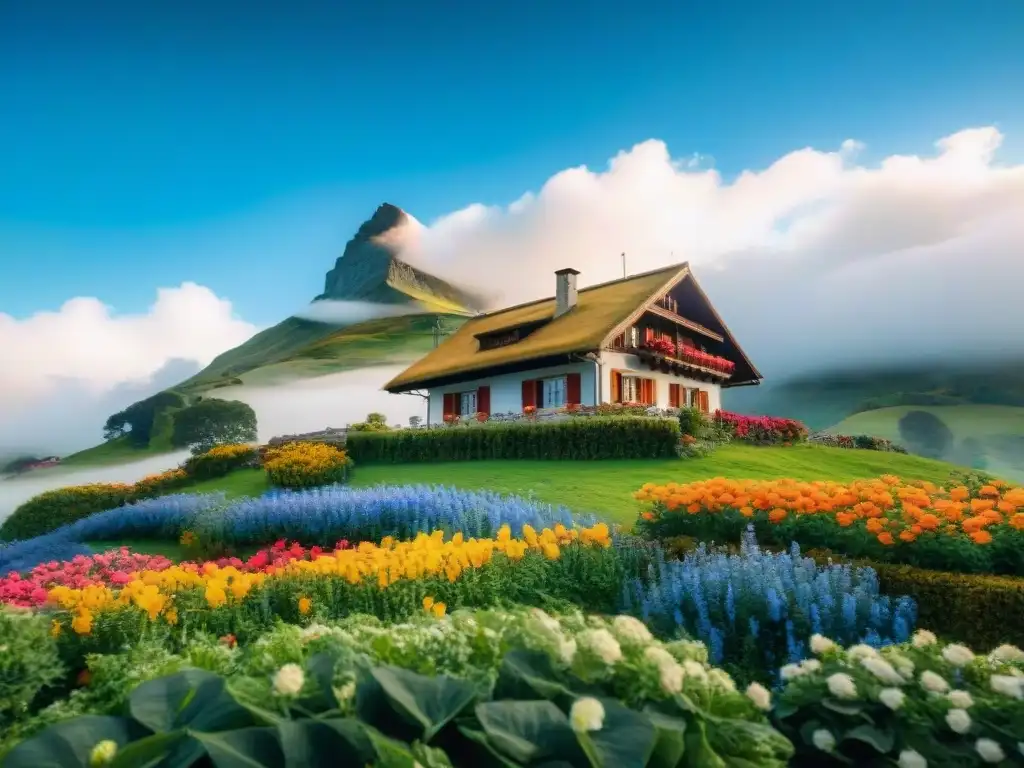 Encanto suizo en Nueva Helvecia: Chalet tradicional entre colinas verdes, flores coloridas y bandera suiza ondeando