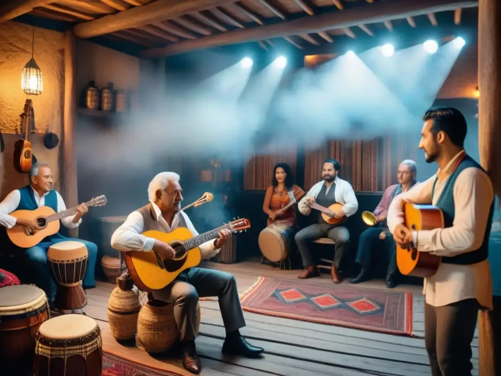 Un encuentro de música tradicional en Uruguay: ambiente íntimo, músicos, diverso público y decoración auténtica