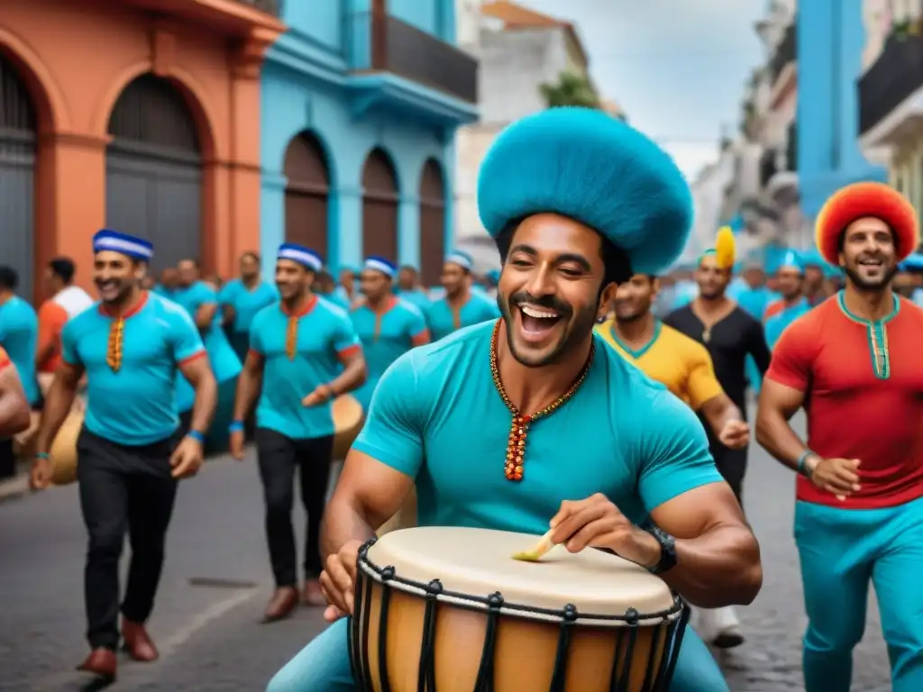 Encuentro de tambores candombe en calles vibrantes de Montevideo con músicos apasionados y arquitectura colonial colorida