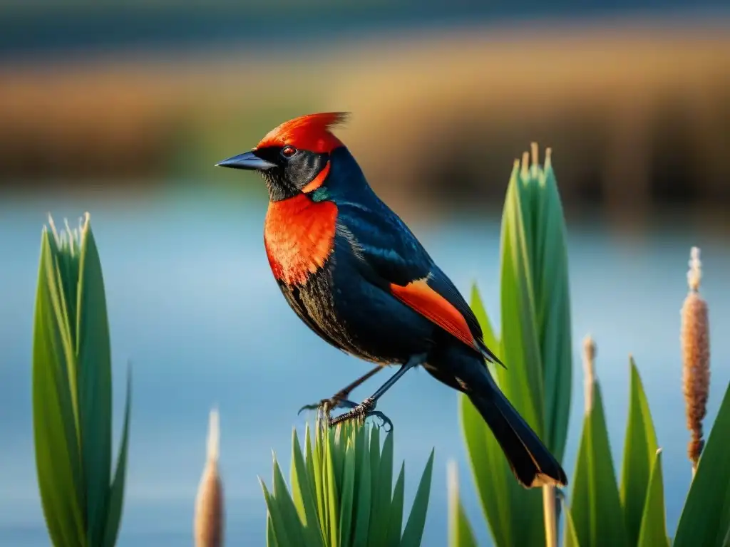 Encuentros con aves en Uruguay: Detalle vibrante de un Mirlo de Cabeza Roja posado en un juncal en un hábitat acuático sereno