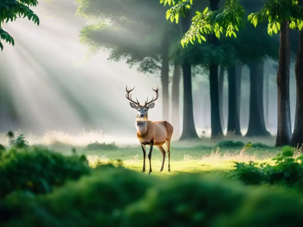 Encuentros mágicos con venados en Uruguay: majestuoso ciervo en un bosque verde, con luz filtrada entre las hojas