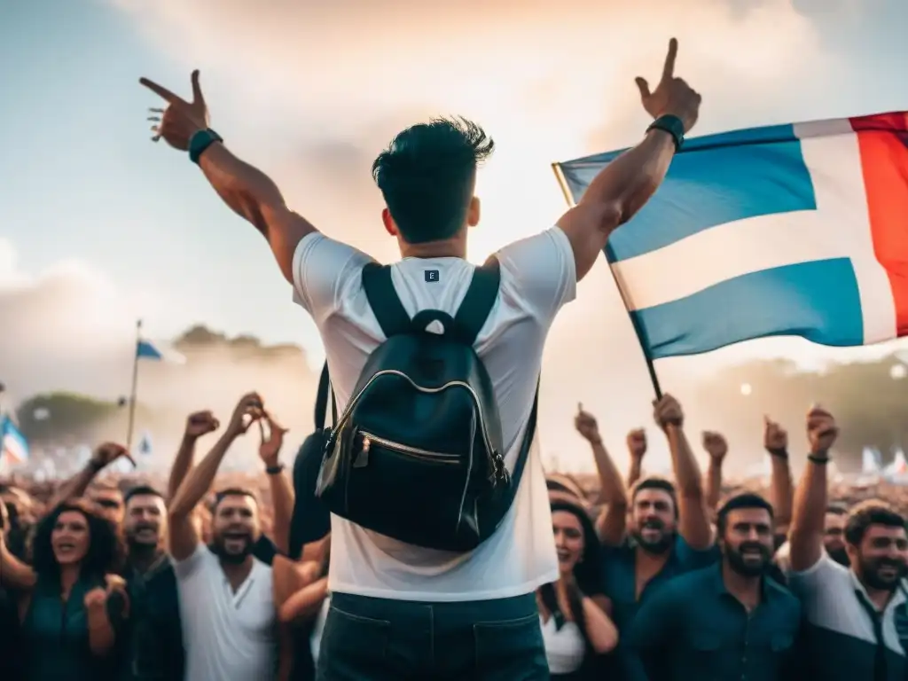 Jaime Roos enérgico en concierto, conectando con la identidad uruguaya ante una multitud ondeando banderas