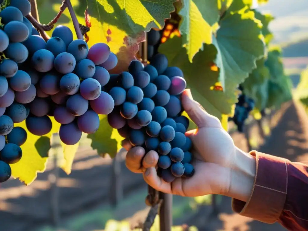 Un enólogo experimentado examina uvas Malbec en un viñedo soleado en Uruguay, mostrando artesanía y tranquilidad