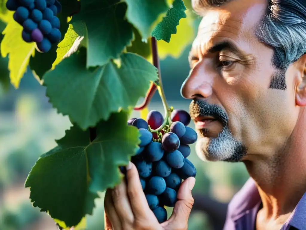 Un enólogo examina uvas Tannat en Uruguay bajo el sol