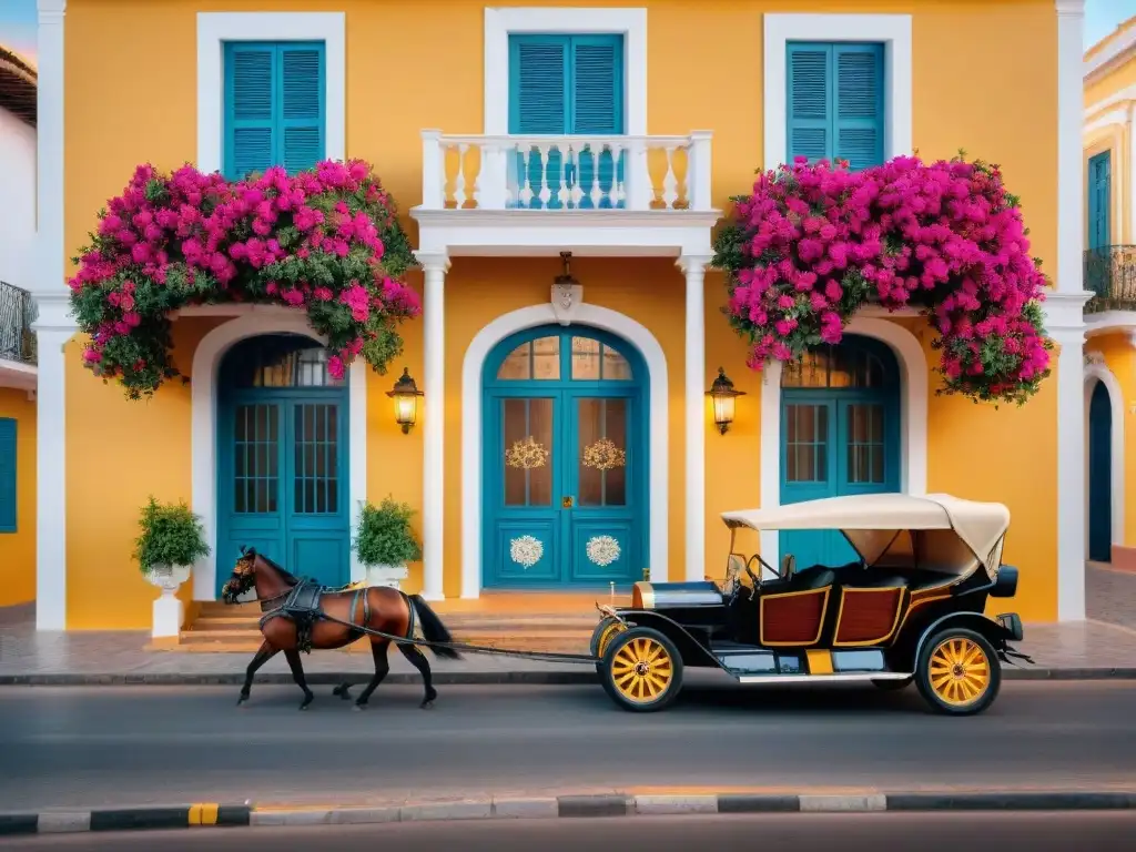 La entrada majestuosa de un hotel boutique histórico en Uruguay, con arquitectura colonial, buganvilias coloridas y un carruaje vintage