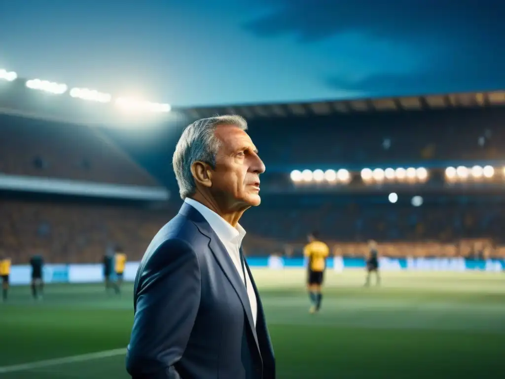 'Entrenador legendario Tabárez en estadio lleno, tácticas secretos Éxito fútbol Uruguayo'