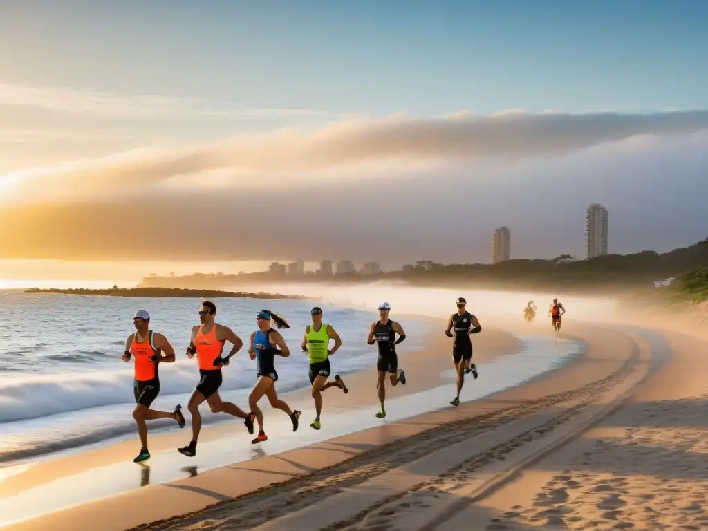 Entrenamiento triatlón en Uruguay: atletas corriendo en la costa dorada al amanecer, reflejando las riquezas naturales del país