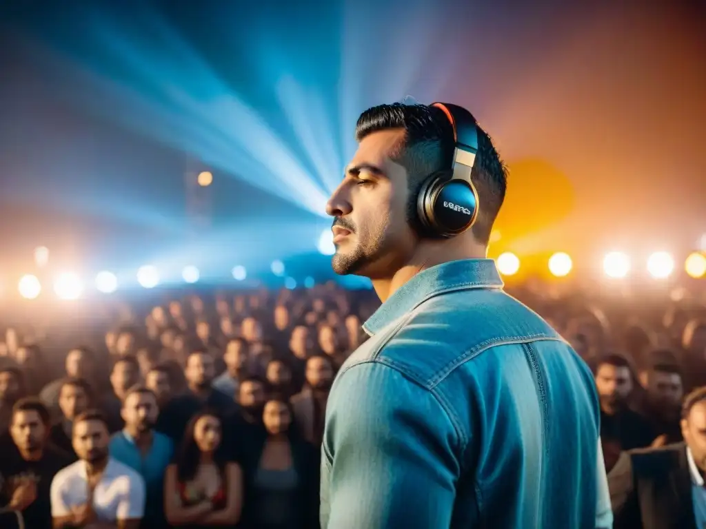 Ruben Rada: Pasión Musical en 8K Ruben Rada envuelto en luces vibrantes, entregado a su música afrouruguaya en un escenario, cautivando a su público con su expresión apasionada