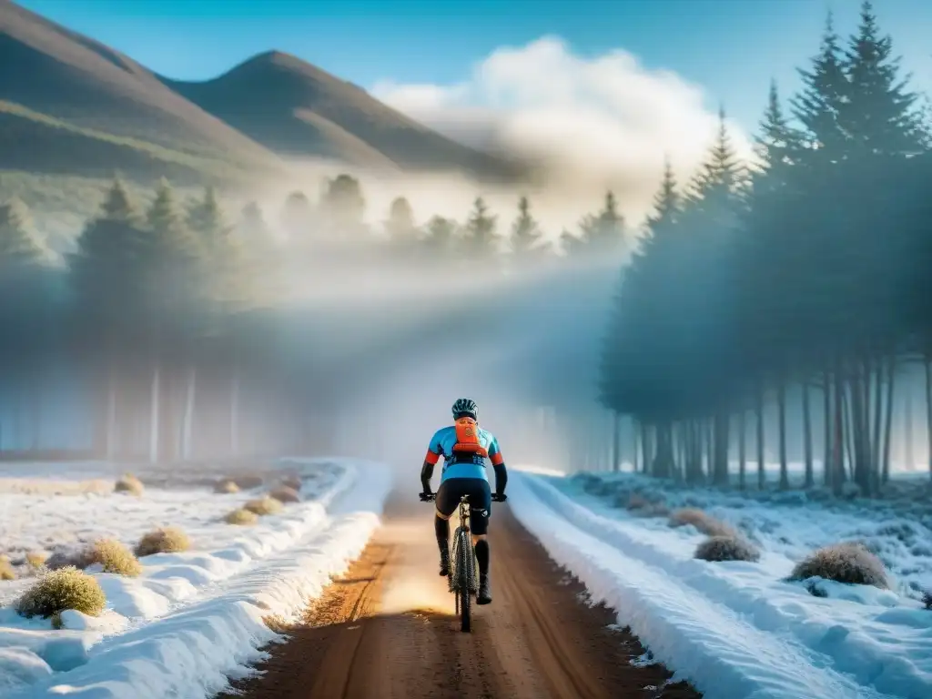 Un épico ciclismo de montaña en invierno en Uruguay: ciclistas explorando senderos nevados entre árboles y cielo azul