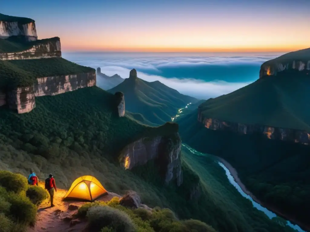 Un épico trekking nocturno en la mística Quebrada de los Cuervos en Uruguay, iluminada por linternas bajo la luz de la luna