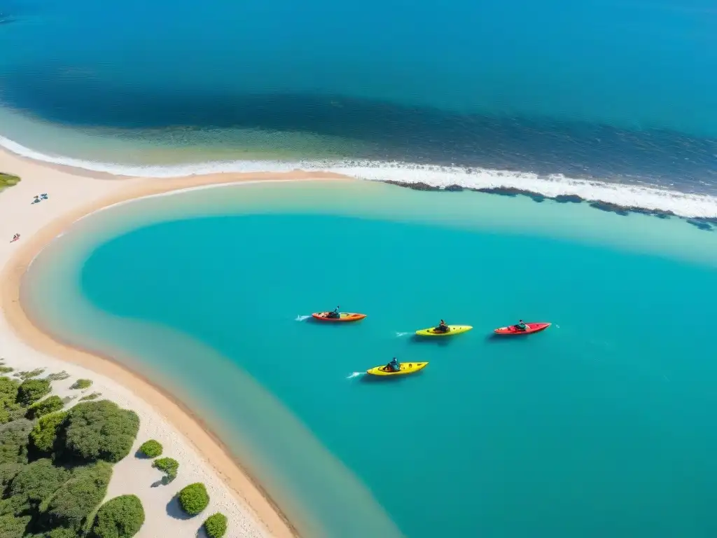 Equipamiento deportes acuáticos en Uruguay: Kayaks y paddleboards en una playa serena al atardecer