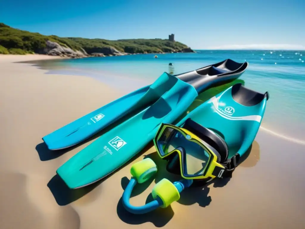 Equipamiento deportes acuáticos en Uruguay: Equipo de snorkel colorido en la playa, listo para aventura submarina