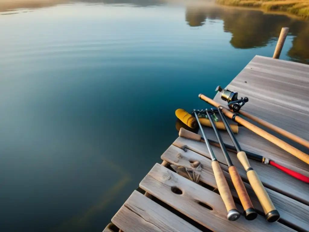 Equipamiento pesca deportiva Uruguay: Cañas de pescar detalladas en muelle de madera junto a lago sereno al amanecer