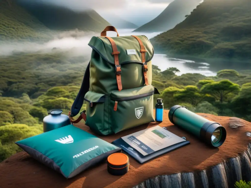 Equipamiento de supervivencia para aventura en Uruguay: mochila abierta con equipo organizado en bosque verde