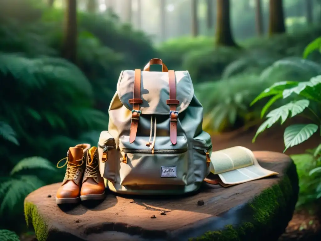 Equipamiento trekking minimalista en Uruguay: Mochila, botas, brújula y mapa en un bosque sereno