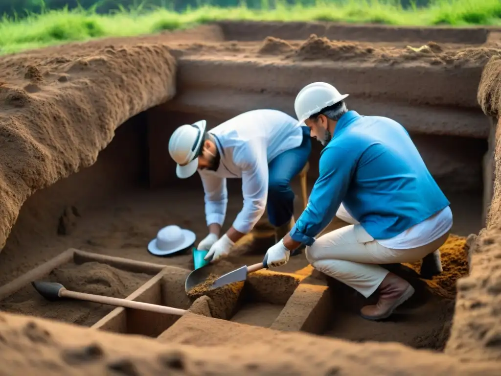 Equipo de arqueólogos excavando artefactos antiguos en un sitio en Uruguay, revelando la historia de la nación