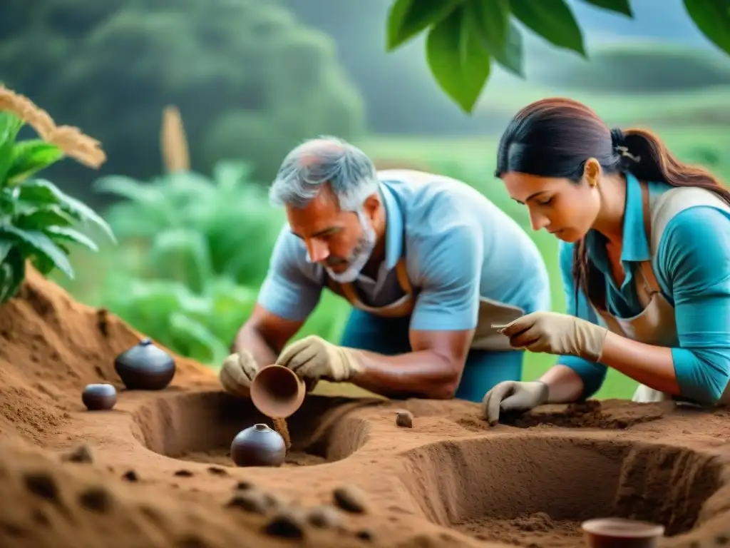 Equipo de arqueólogos excavando artefactos antiguos en sitio remoto de Uruguay