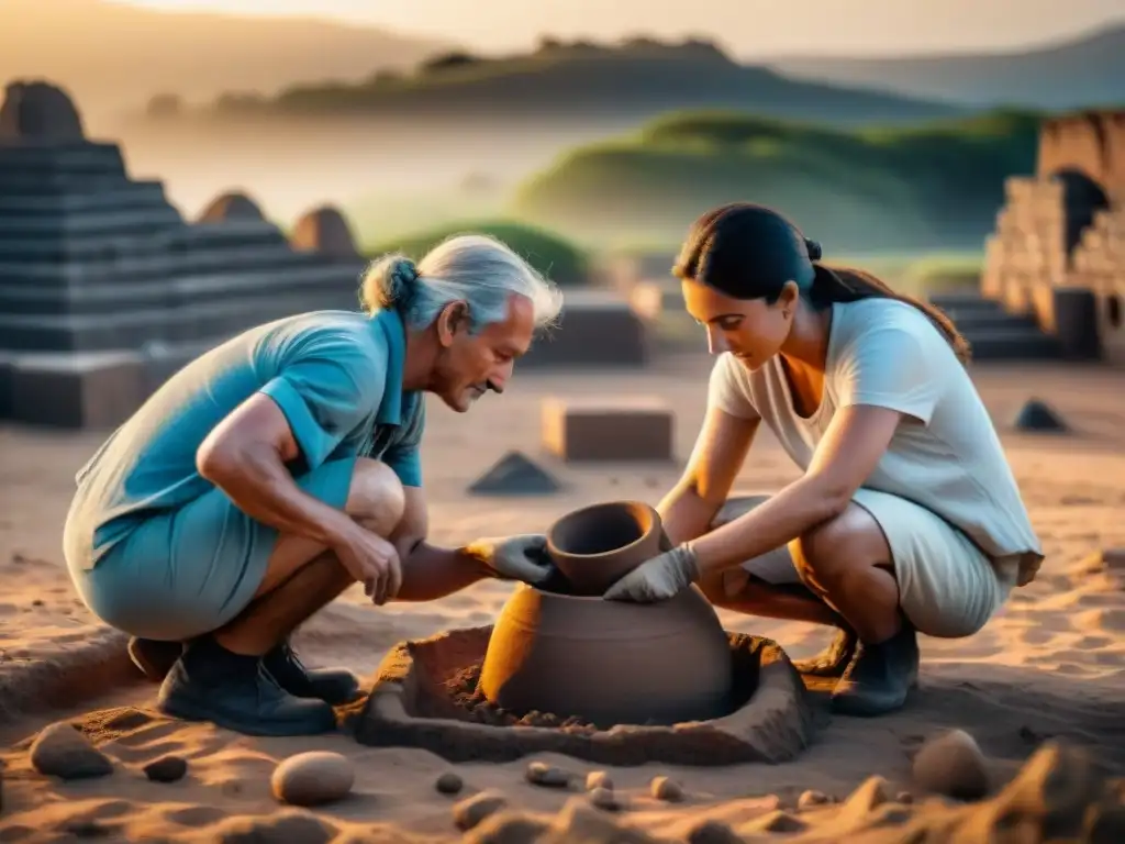 Equipo de arqueólogos excavando artefactos antiguos en sitios arqueológicos Uruguay cuidado