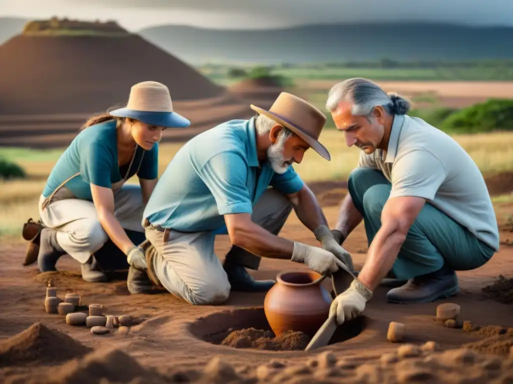 Equipo de arqueólogos excavando artefactos antiguos en Uruguay