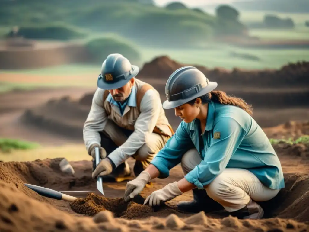 Equipo de arqueólogos excavando artefactos en yacimientos arqueológicos Uruguay