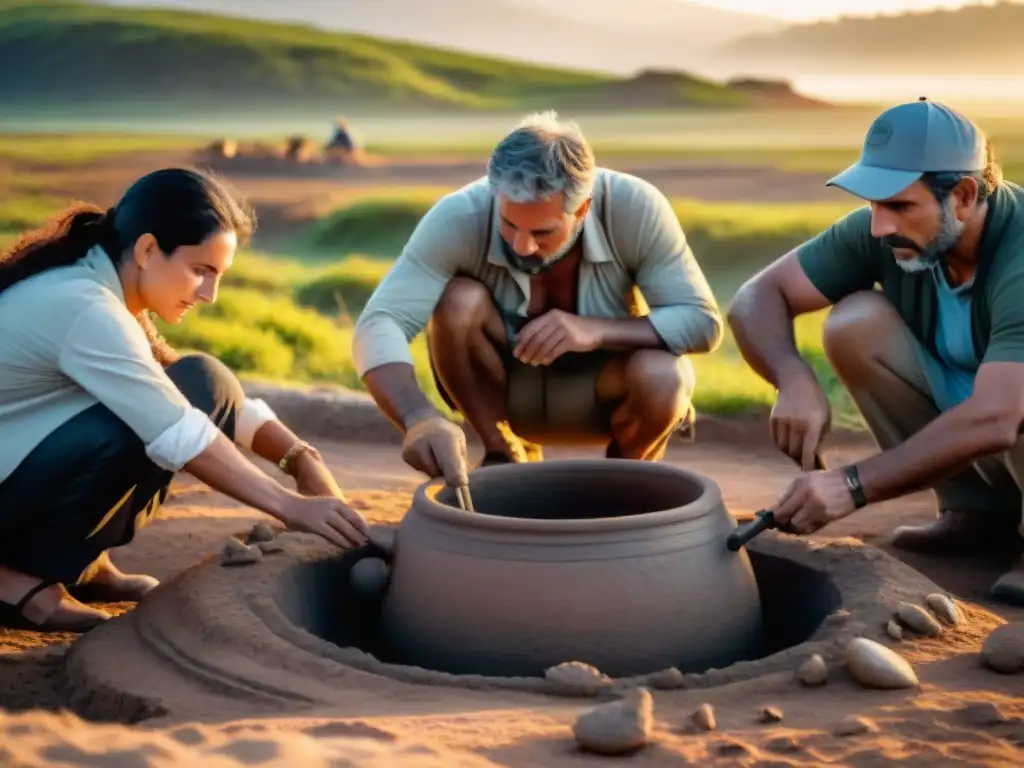 Un equipo de arqueólogos excavando en Uruguay al atardecer, destacando la vida de los habitantes prehistóricos