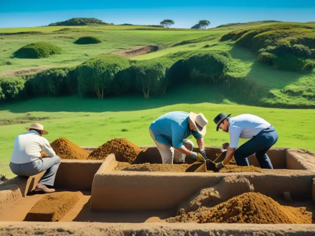 Equipo de arqueólogos excavando con cuidado en Uruguay, revelando tesoros del pasado