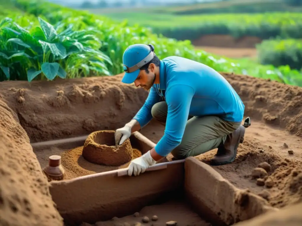 Equipo de arqueólogos excavando con detalle un antiguo artefacto en Uruguay, resaltando la conservación de sitios arqueológicos Uruguay