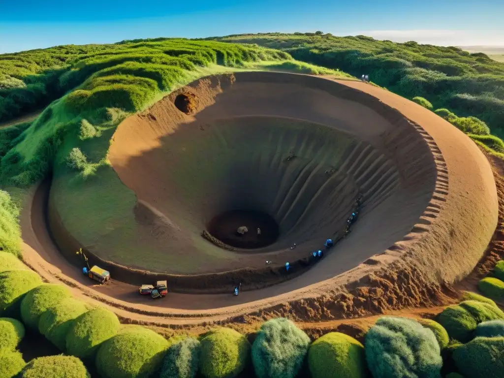 Equipo de arqueólogos excavando un gran montículo antiguo en Uruguay, rodeados de exuberante vegetación y cielo azul