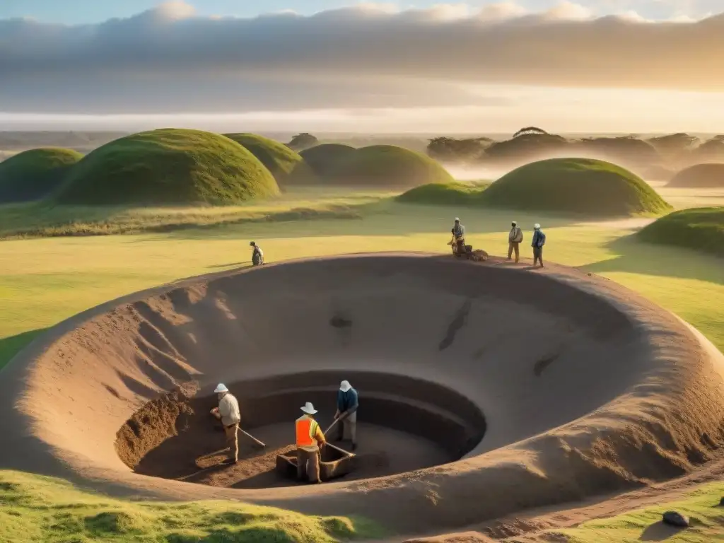 Equipo de arqueólogos excavando un gran montículo antiguo en Uruguay al atardecer, revelando artefactos enriquecedores