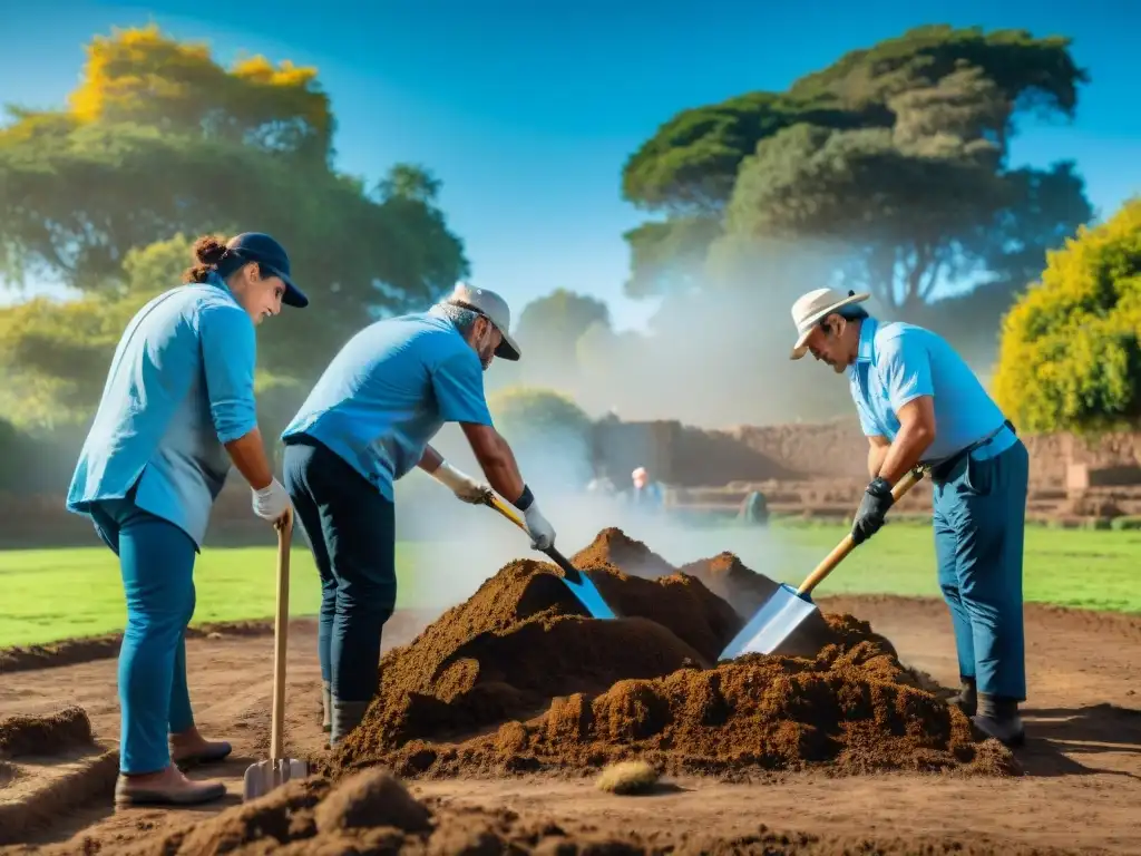 Equipo de arqueólogos excavando con precisión en Uruguay bajo el sol brillante