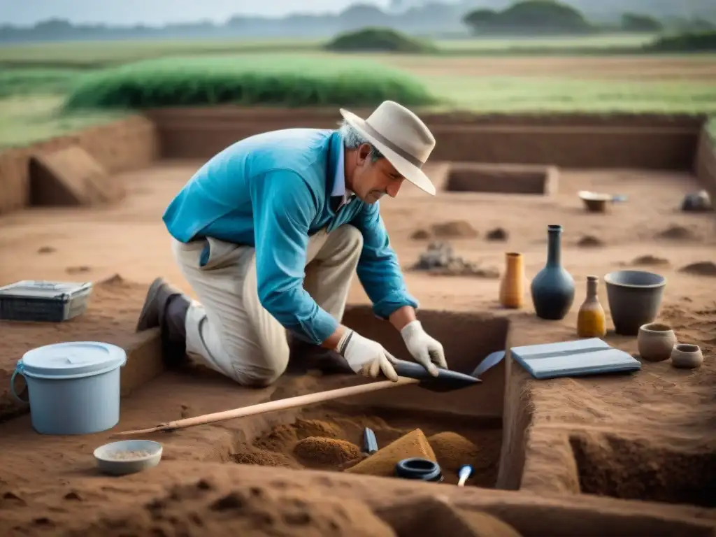 Equipo de arqueólogos excavando con precisión en Uruguay, descubriendo tesoros antiguos