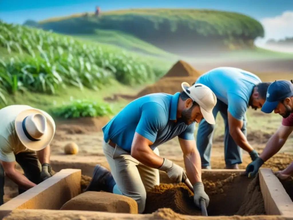 Equipo de arqueólogos excavando en sitio arqueológico en Uruguay bajo cielo azul