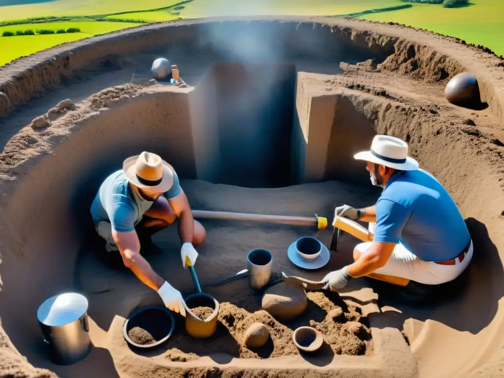 Un equipo de arqueólogos excavando un sitio histórico en Uruguay, mostrando técnicas y herramientas