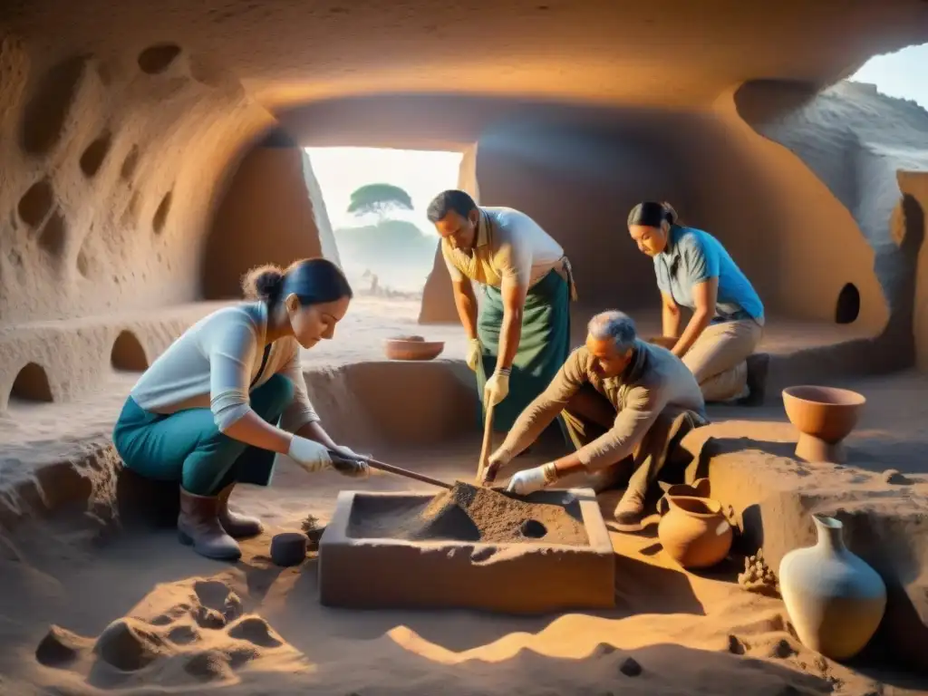 Equipo de arqueólogos excavando un sitio precolombino en Uruguay con cuidado y precisión bajo el cálido sol