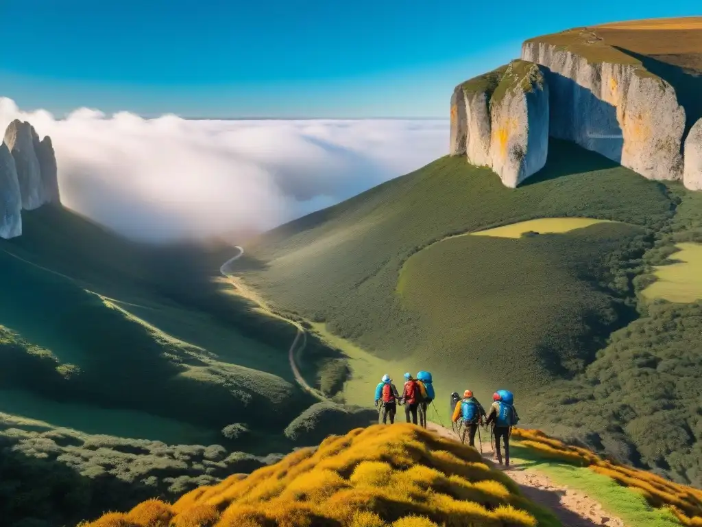 Equipo de aventuras asegurando cuerdas en acantilado en Uruguay