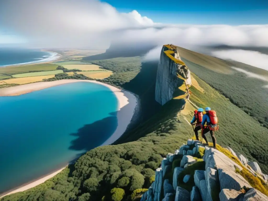 Equipo aventuras en Uruguay, escaladores asegurando cuerdas y anclajes en imponentes acantilados