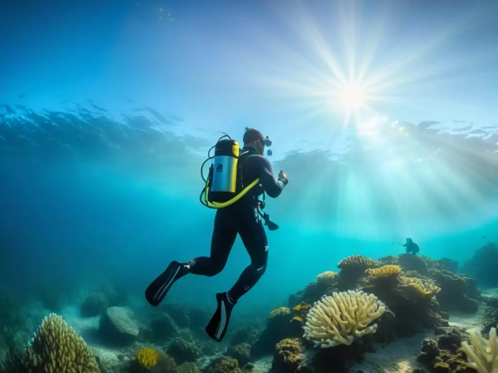 Equipo de buceo explorando las aguas vibrantes de Uruguay, rodeados de vida marina colorida