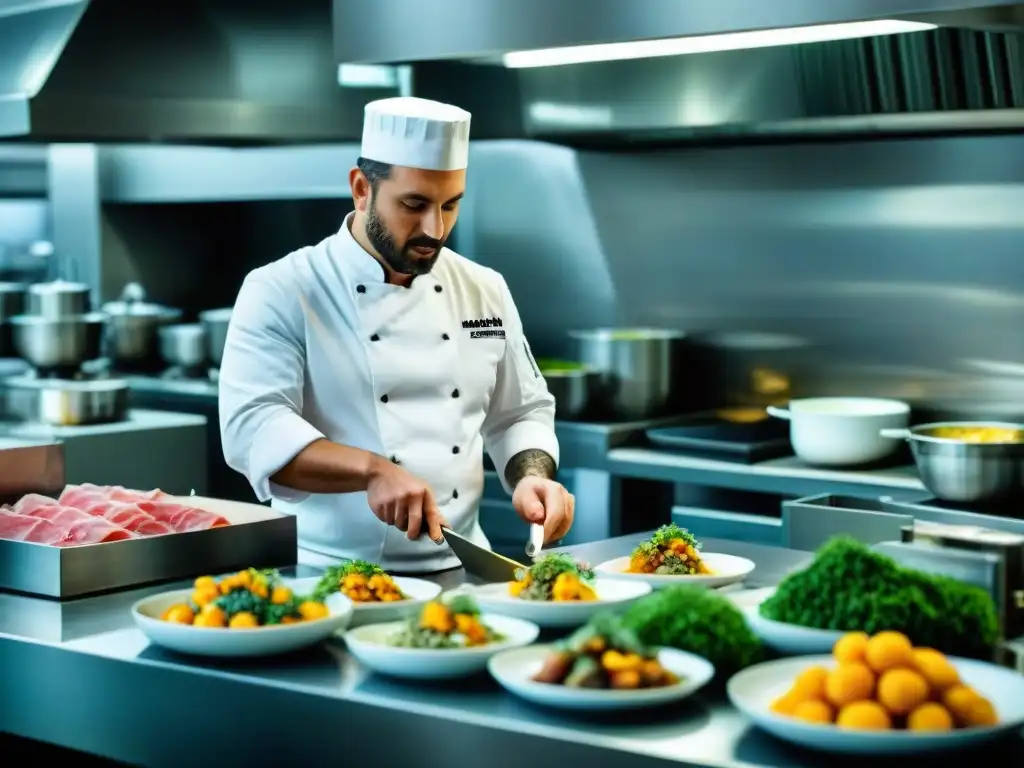 Equipo de chefs en una cocina moderna de Montevideo, creando platos en los mejores restaurantes de alta cocina Montevideo