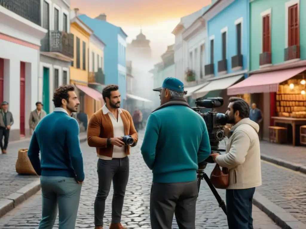 Equipo cinematográfico en Montevideo, Uruguay Equipo de cineastas apasionados filmando en Montevideo, mostrando la identidad del cine uruguayo en las calles coloniales